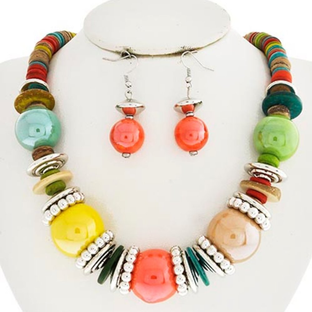 MULTI COLOR WOOD & CERAMIC BALL NECKLACE SET